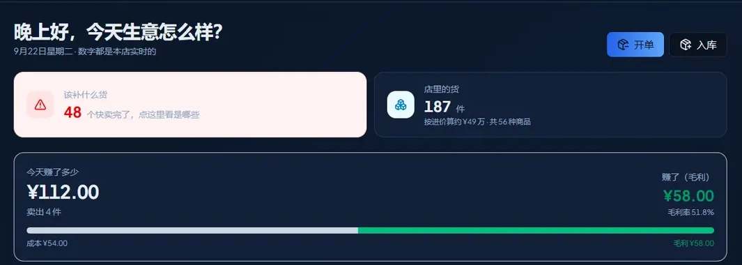 通用进销存系统 桌面端：今日经营看板